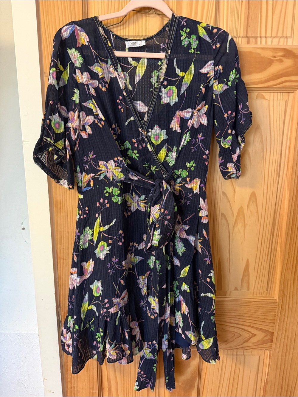 Tanya Taylor Navy Floral Wrap Mini Dress with Pink & Green Accents